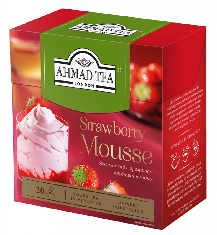 Strawberry tea. Чай зеленый Ahmad Tea Strawberry Mouss в пирамидках. Чай Ахмад 20пак зеленый клубничный мусс 1. Ahmad Tea клубничный мусс. Ahmad Tea пирамидки Strawberry Mousse