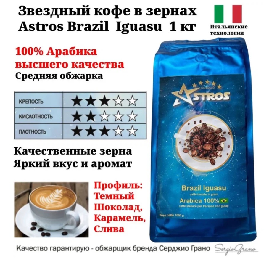 Кофе в зернах Astros Brazil Iguasu 100% арабика 1 кг